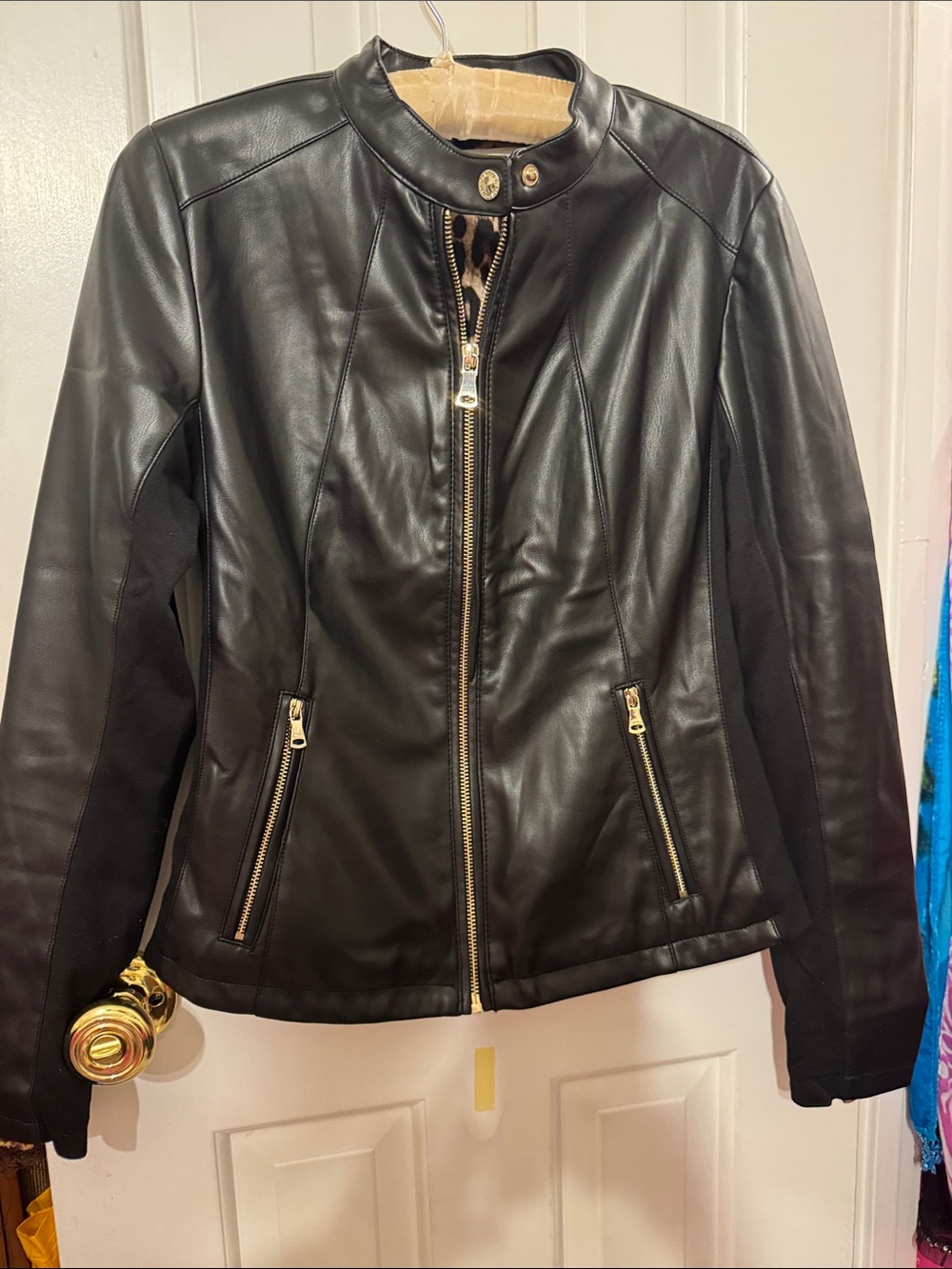 Calvin Klein Black Women's Faux Leather Pleather Stretch Moto Jacket